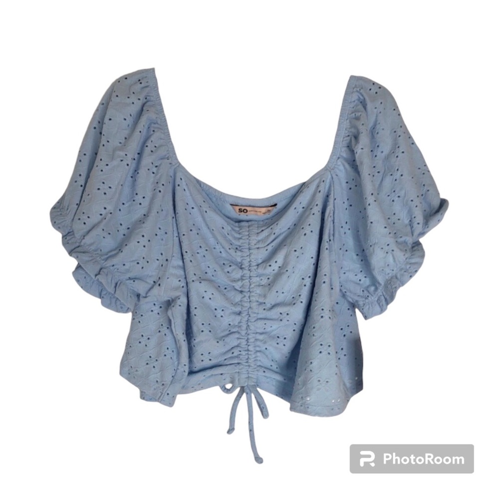 SO Juniors 3X Blue Eyelet Crop Top Puff Sleeves Cinch front NWT